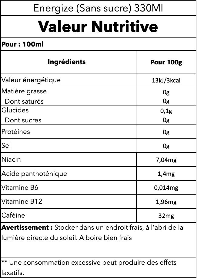 Energize (Sans sucre) 330ml - XXL Nutrition