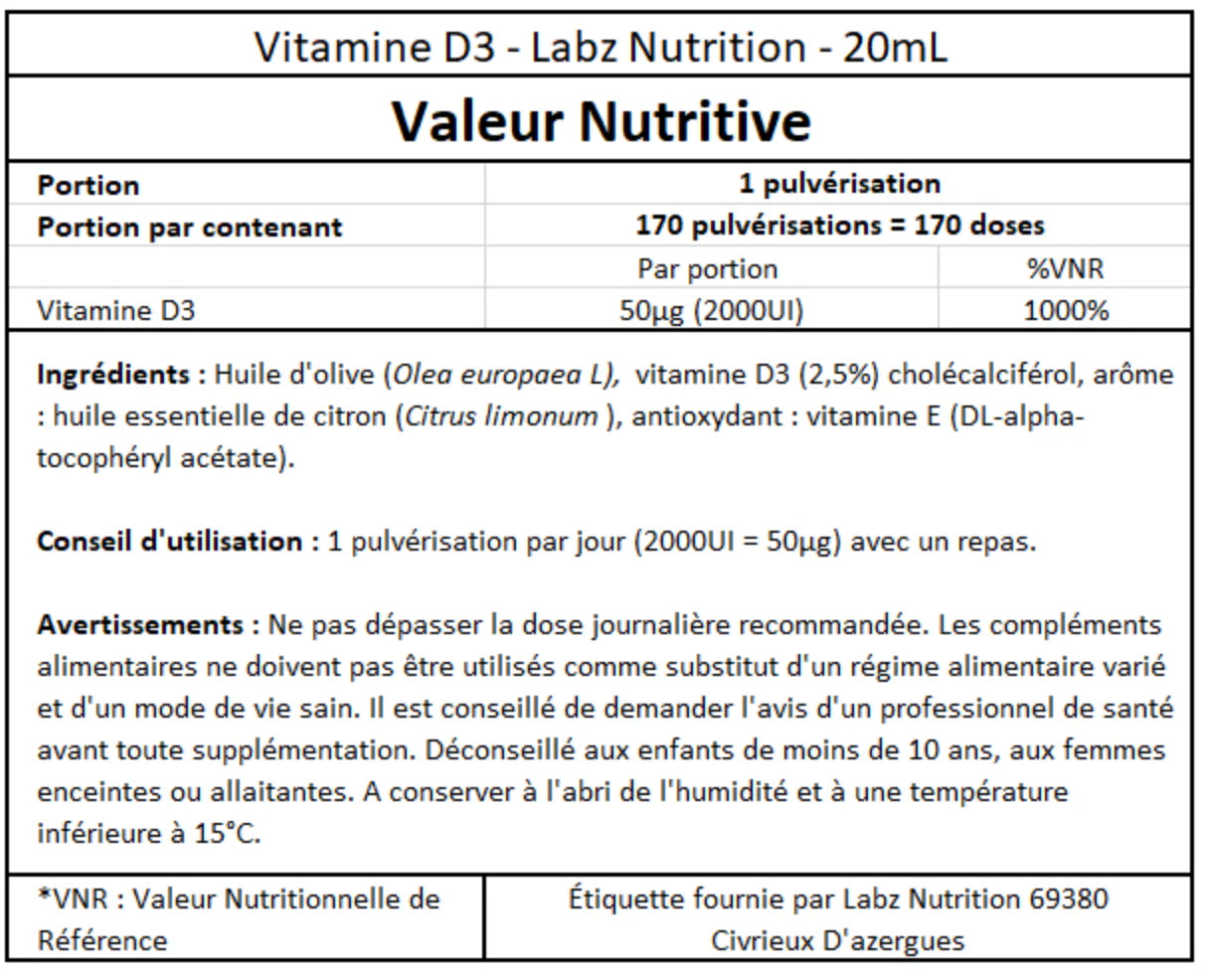 Vitamine D3 2000UI Spray Labz-Nutrition - 170doses